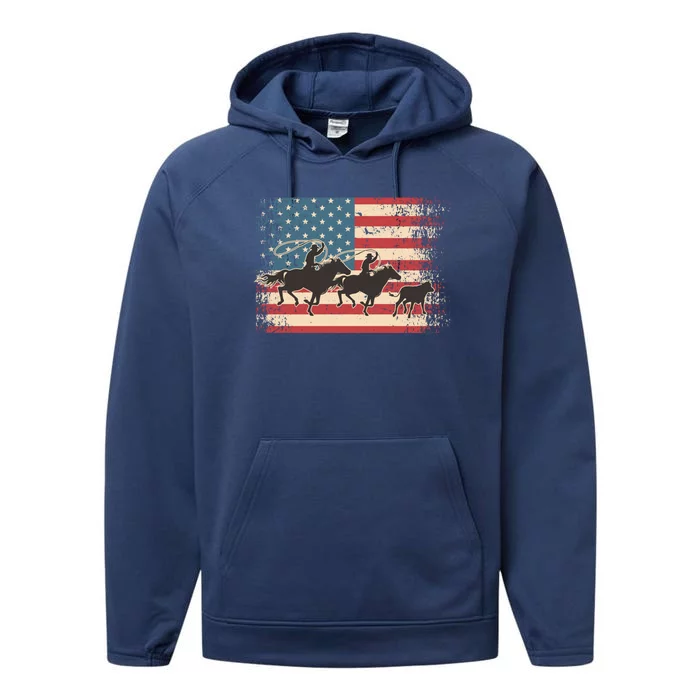 Team Roping Rodeo Horse American Usa Flag Rodeo Cowboy Performance Fleece Hoodie