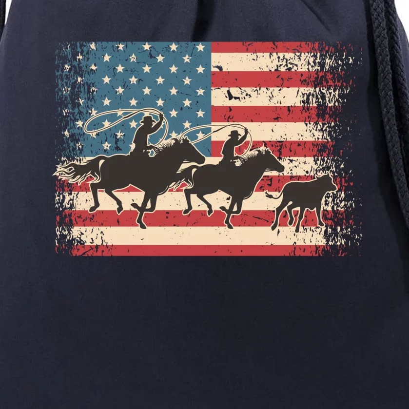 Team Roping Rodeo Horse American Usa Flag Rodeo Cowboy Drawstring Bag