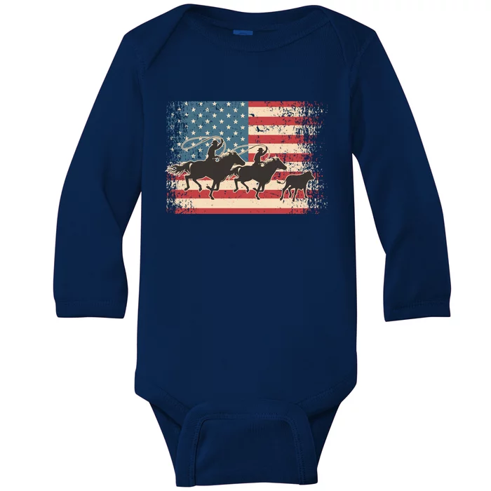 Team Roping Rodeo Horse American Usa Flag Rodeo Cowboy Baby Long Sleeve Bodysuit