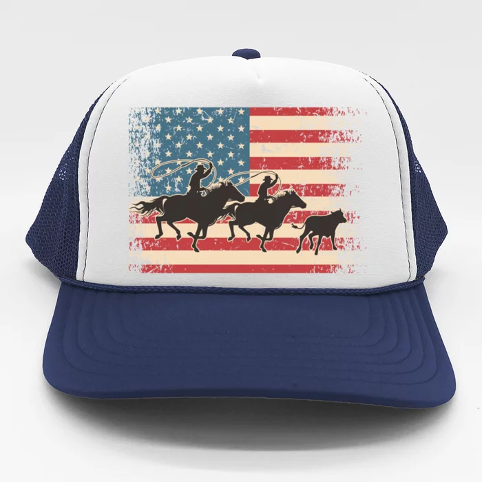 Team Roping Rodeo Horse American Usa Flag Rodeo Cowboy Trucker Hat