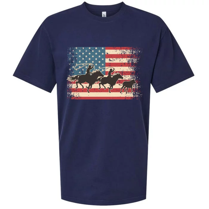 Team Roping Rodeo Horse American Usa Flag Rodeo Cowboy Sueded Cloud Jersey T-Shirt