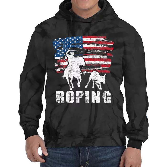 Team Roping Roper USA American Flag Header Heeler Horse Tie Dye Hoodie