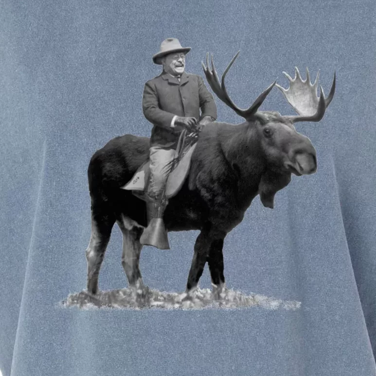 Teddy Roosevelt Riding A Bull Moose Garment-Dyed Women's Muscle Tee