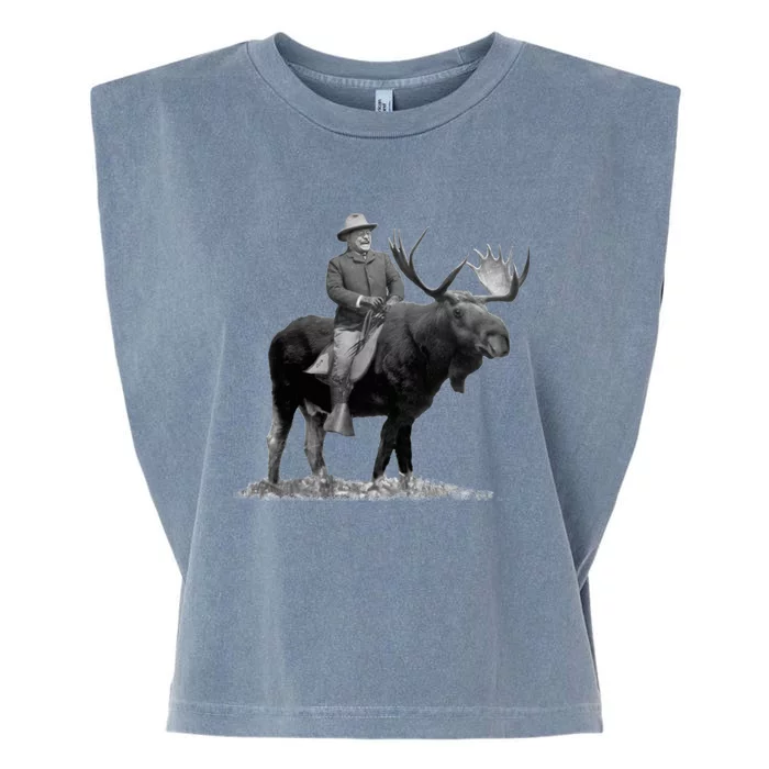 Teddy Roosevelt Riding A Bull Moose Garment-Dyed Women's Muscle Tee