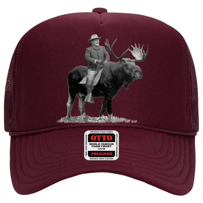 Teddy Roosevelt Riding A Bull Moose High Crown Mesh Trucker Hat