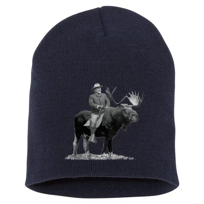 Teddy Roosevelt Riding A Bull Moose Short Acrylic Beanie