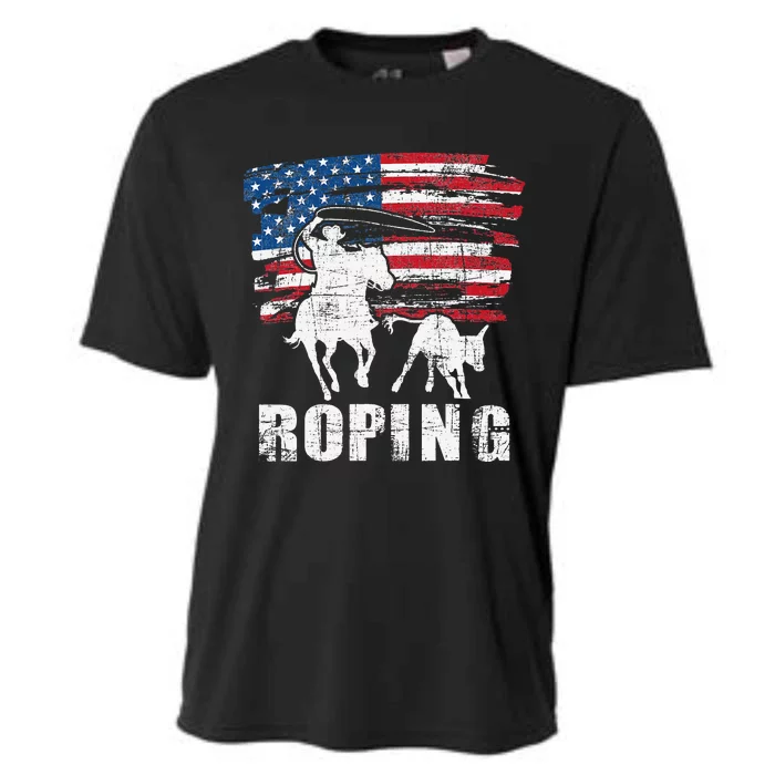 Team Roping Roper Usa American Flag Header Heeler Horse Cooling Performance Crew T-Shirt