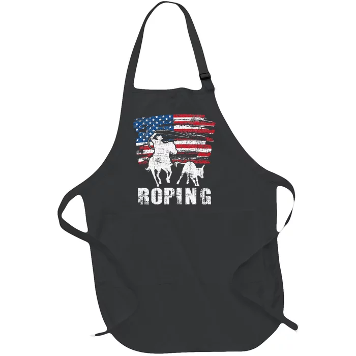 Team Roping Roper Usa American Flag Header Heeler Horse Full-Length Apron With Pocket