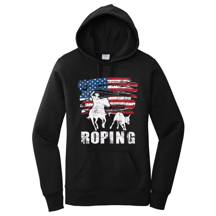 Team Roping Roper Usa American Flag Header Heeler Horse Women's Pullover Hoodie