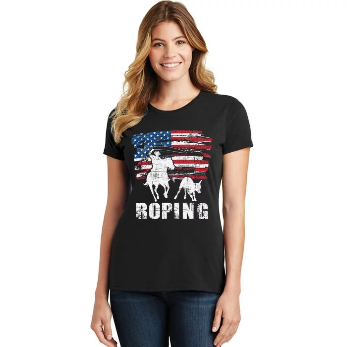 Team Roping Roper Usa American Flag Header Heeler Horse Women's T-Shirt