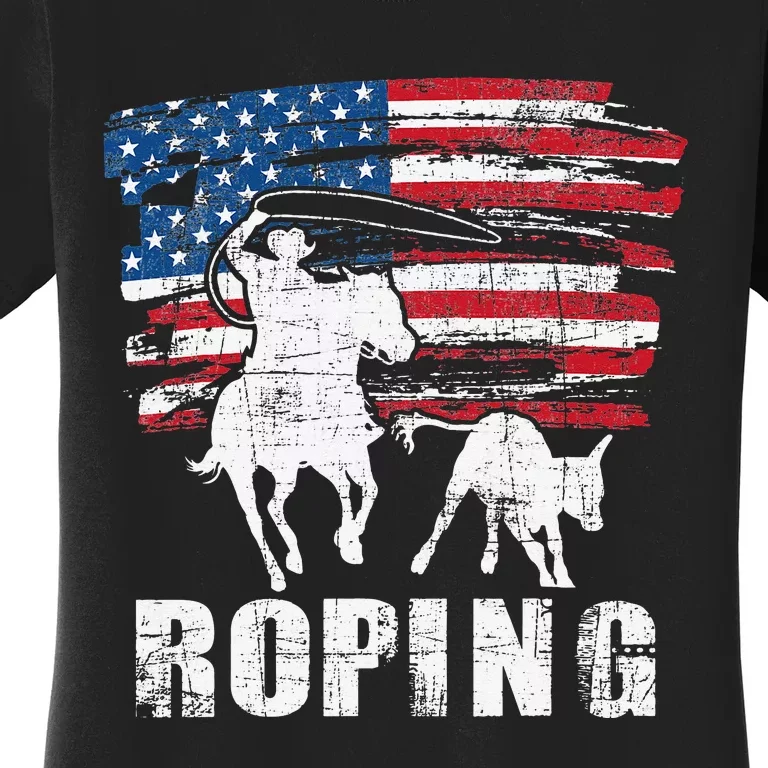 Team Roping Roper Usa American Flag Header Heeler Horse Women's T-Shirt