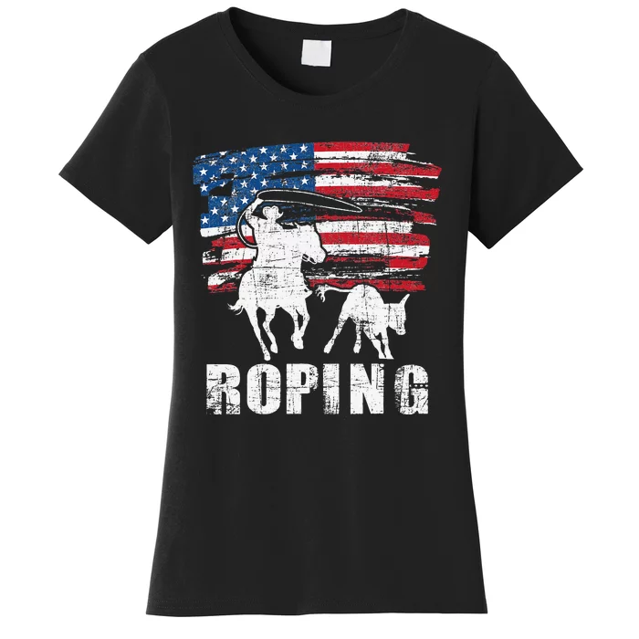 Team Roping Roper Usa American Flag Header Heeler Horse Women's T-Shirt