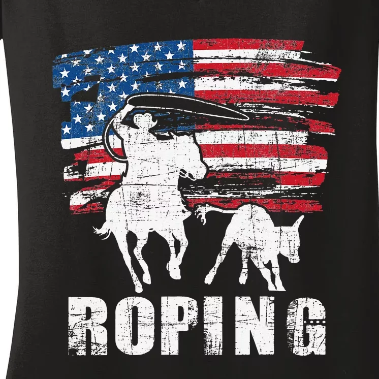 Team Roping Roper Usa American Flag Header Heeler Horse Women's V-Neck T-Shirt