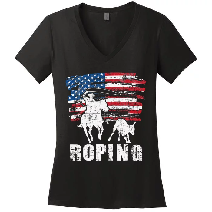 Team Roping Roper Usa American Flag Header Heeler Horse Women's V-Neck T-Shirt