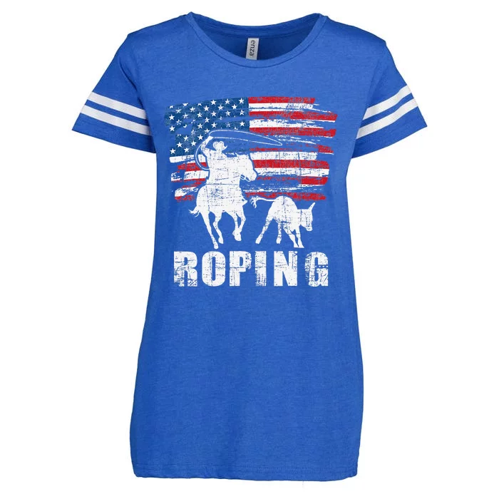 Team Roping Roper Usa American Flag Header Heeler Horse Enza Ladies Jersey Football T-Shirt