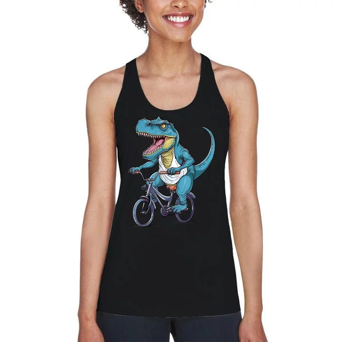 T Rex Riding Bike Funny Bicycle Rider Cycling Dinosaur Women's Racerback Tank