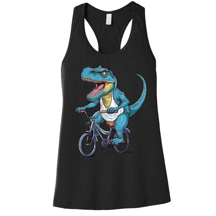 T Rex Riding Bike Funny Bicycle Rider Cycling Dinosaur Women's Racerback Tank