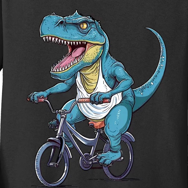 T Rex Riding Bike Funny Bicycle Rider Cycling Dinosaur Kids Long Sleeve Shirt