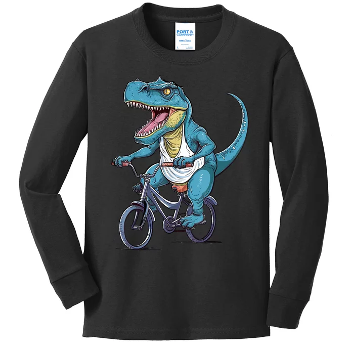 T Rex Riding Bike Funny Bicycle Rider Cycling Dinosaur Kids Long Sleeve Shirt