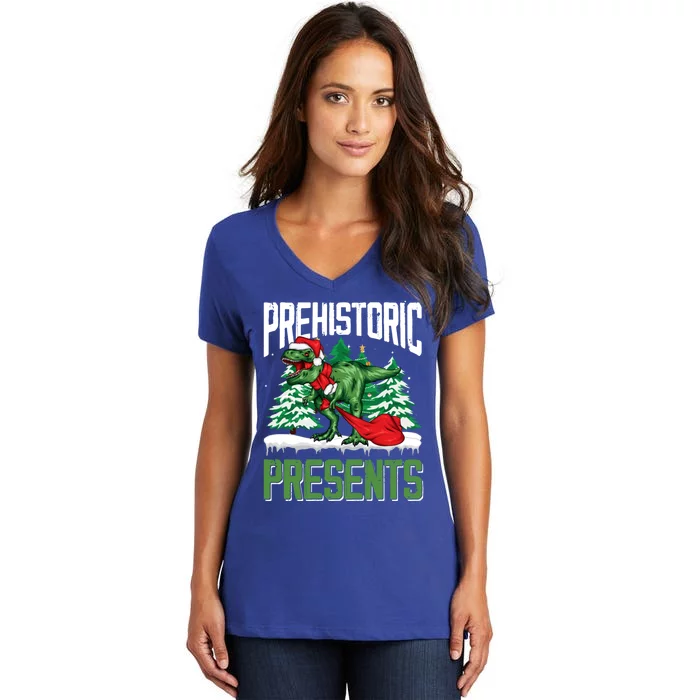 Tree Rex Santa Claus Dino Lover Merry Christmas Dinosaur Gift Women's V-Neck T-Shirt