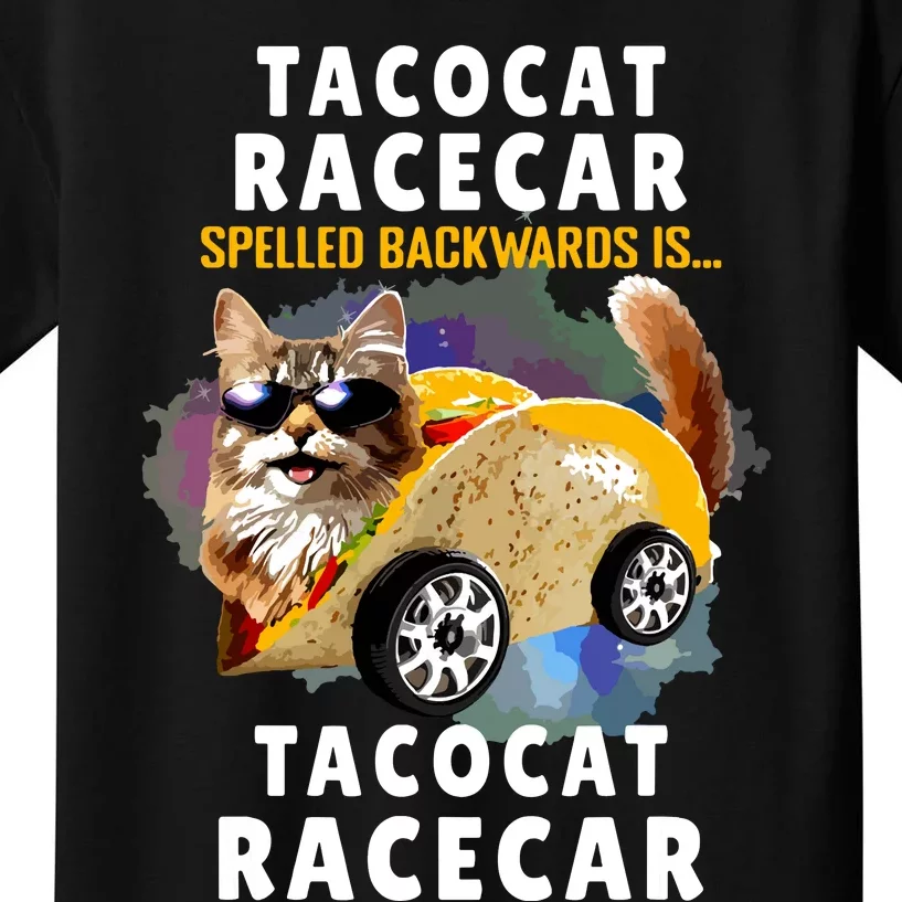 Tacocat Racecar Spelled Backwards Funny Mexican Car Taco Cat Kids T-Shirt