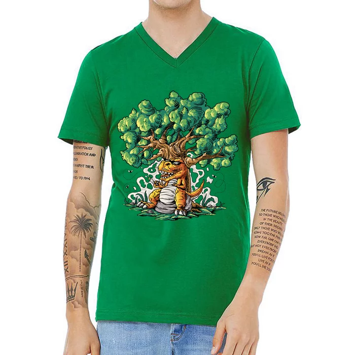 T Rex Smoking Joint Under A Tree V-Neck T-Shirt