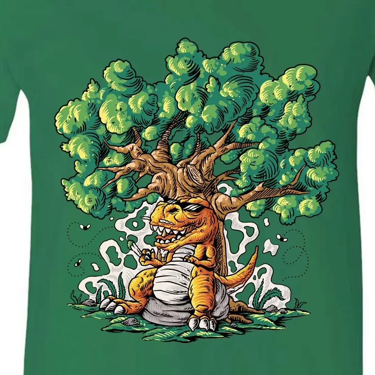 T Rex Smoking Joint Under A Tree V-Neck T-Shirt