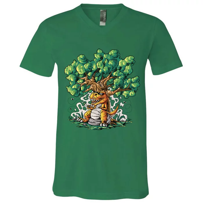 T Rex Smoking Joint Under A Tree V-Neck T-Shirt