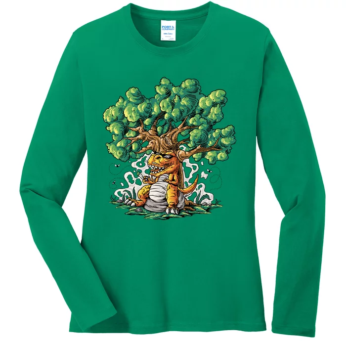 T Rex Smoking Joint Under A Tree Ladies Long Sleeve Shirt