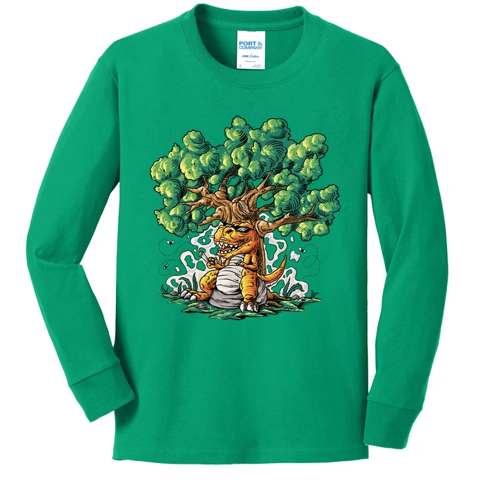 T Rex Smoking Joint Under A Tree Kids Long Sleeve Shirt