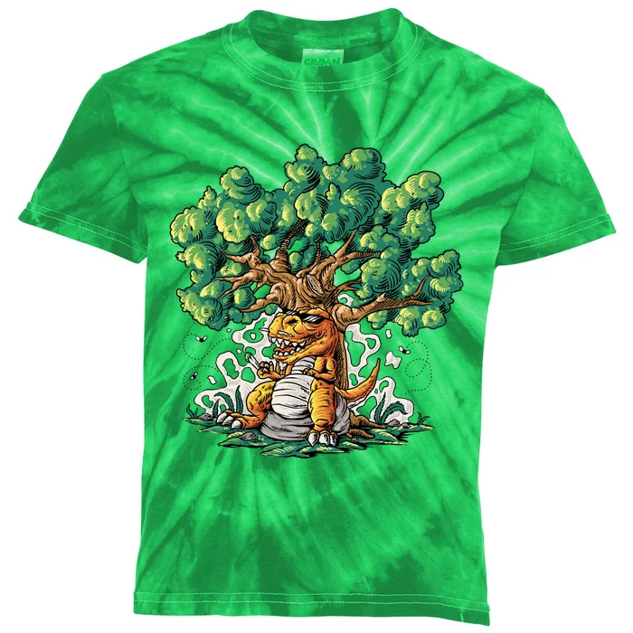 T Rex Smoking Joint Under A Tree Kids Tie-Dye T-Shirt