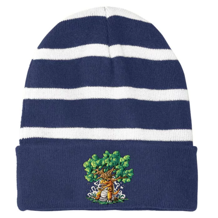 T Rex Smoking Joint Under A Tree Striped Beanie with Solid Band