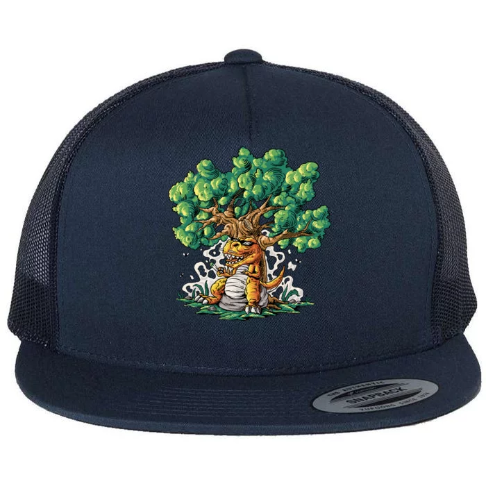 T Rex Smoking Joint Under A Tree Flat Bill Trucker Hat