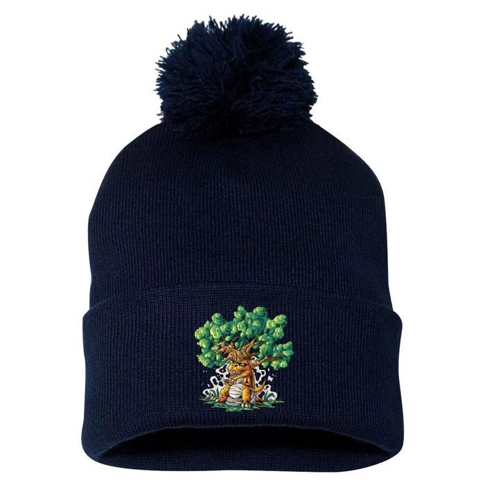 T Rex Smoking Joint Under A Tree Pom Pom 12in Knit Beanie