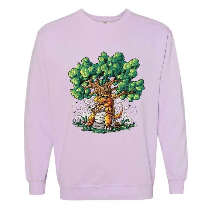 T Rex Smoking Joint Under A Tree Garment-Dyed Sweatshirt