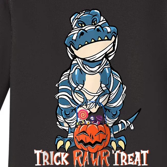 Trick Rawr Treat Halloween Funny Dinosaur Mummy Pumpkin Raglan Baseball Baby Long Sleeve Bodysuit