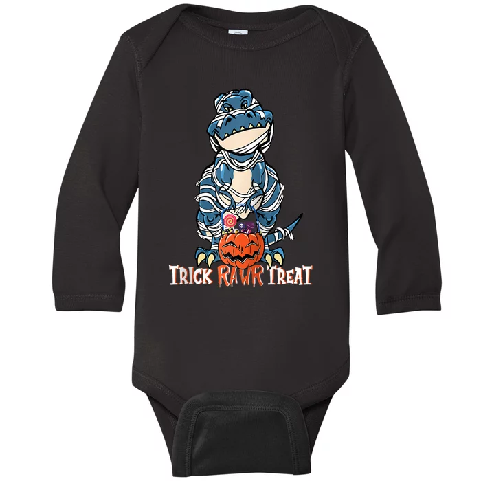 Trick Rawr Treat Halloween Funny Dinosaur Mummy Pumpkin Raglan Baseball Baby Long Sleeve Bodysuit