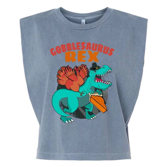 Turkey Riding Trex Dinosaur Thanksgiving Day Pilgrim Pumpkin Gift Garment-Dyed Women's Muscle Tee