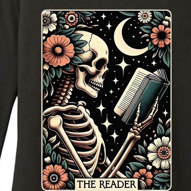 The Reader Tarot Card Skeleton Reading Book Bookworm Bookish Womens CVC Long Sleeve Shirt