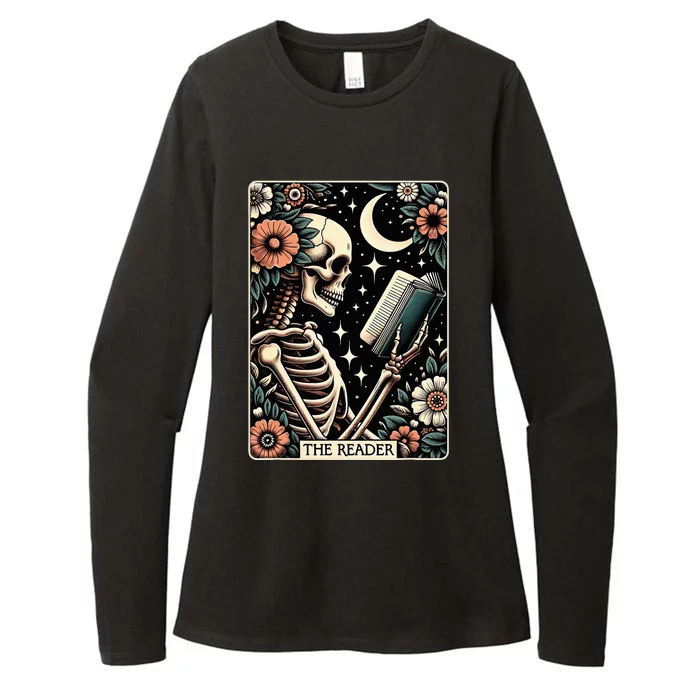 The Reader Tarot Card Skeleton Reading Book Bookworm Bookish Womens CVC Long Sleeve Shirt