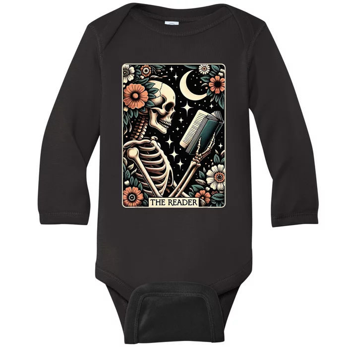 The Reader Tarot Card Skeleton Reading Book Bookworm Bookish Baby Long Sleeve Bodysuit