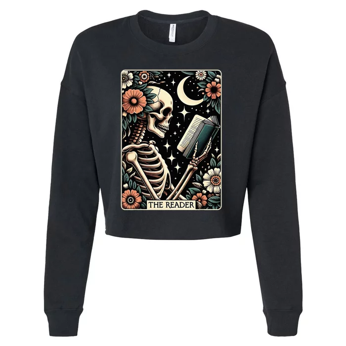 The Reader Tarot Card Skeleton Reading Book Bookworm Bookish Cropped Pullover Crew