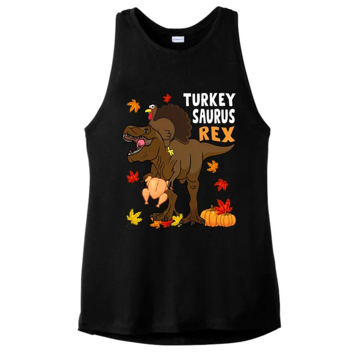 Turkey Riding Trex Dinosaur Thanksgiving Day Pilgrim Gift Ladies Tri-Blend Wicking Tank