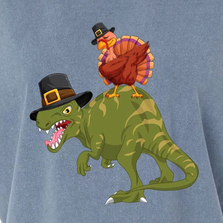 Turkey Riding Trex Dinosaur Thanksgiving Day Pilgrim Gift Garment-Dyed Women's Muscle Tee