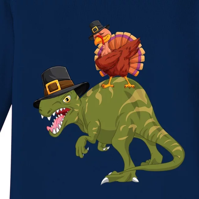 Turkey Riding Trex Dinosaur Thanksgiving Day Pilgrim Gift Baby Long Sleeve Bodysuit