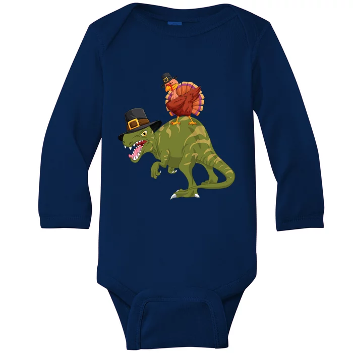 Turkey Riding Trex Dinosaur Thanksgiving Day Pilgrim Gift Baby Long Sleeve Bodysuit