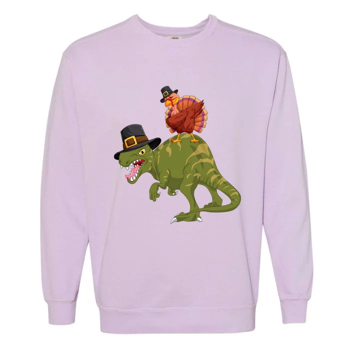 Turkey Riding Trex Dinosaur Thanksgiving Day Pilgrim Gift Garment-Dyed Sweatshirt