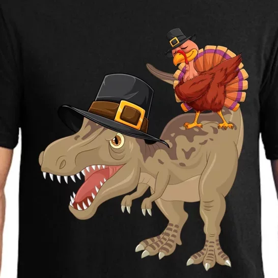 Turkey Riding Trex Dinosaur Thanksgiving Day Pilgrim Gift Pajama Set