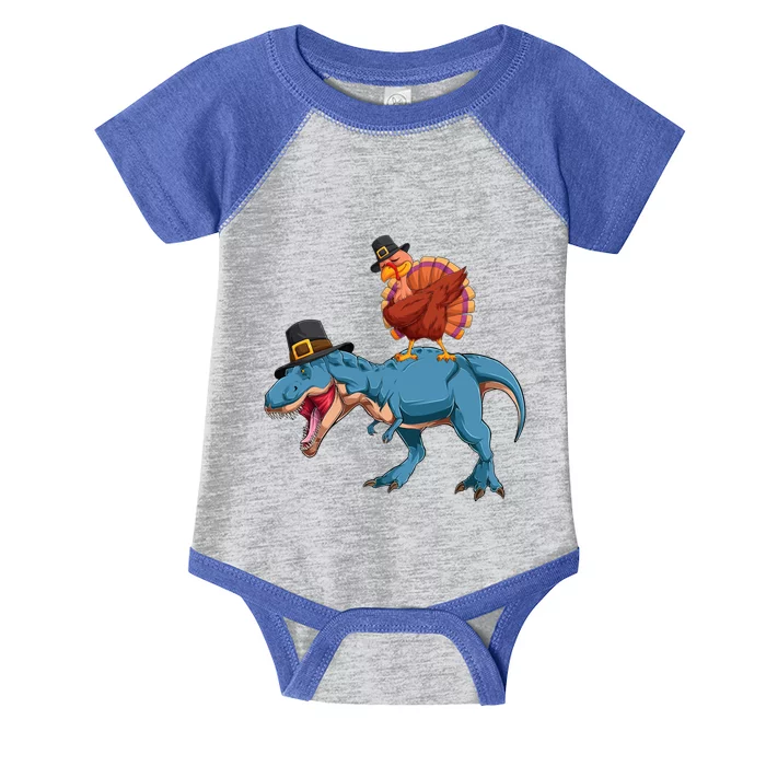 Turkey Riding Trex Dinosaur Thanksgiving Day Pilgrim Gift Infant Baby Jersey Bodysuit