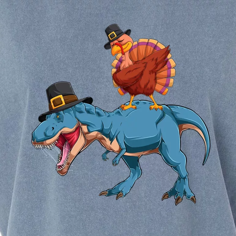 Turkey Riding Trex Dinosaur Thanksgiving Day Pilgrim Gift Garment-Dyed Women's Muscle Tee